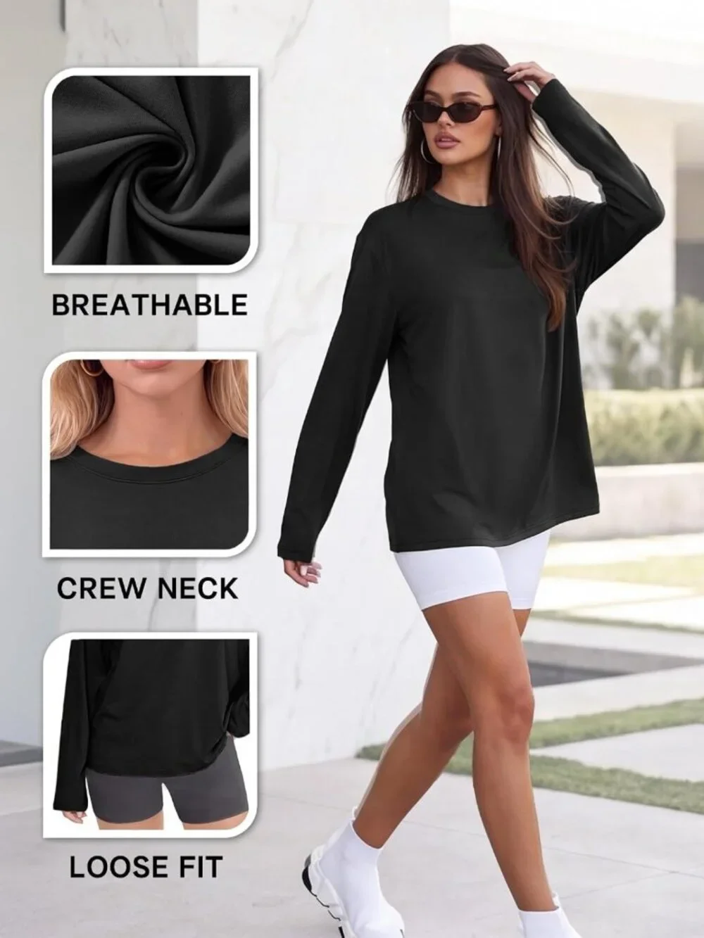 Oversized Long Sleeve Workout Tops for Women - 3 Pack Loose Fit Casual Shirts